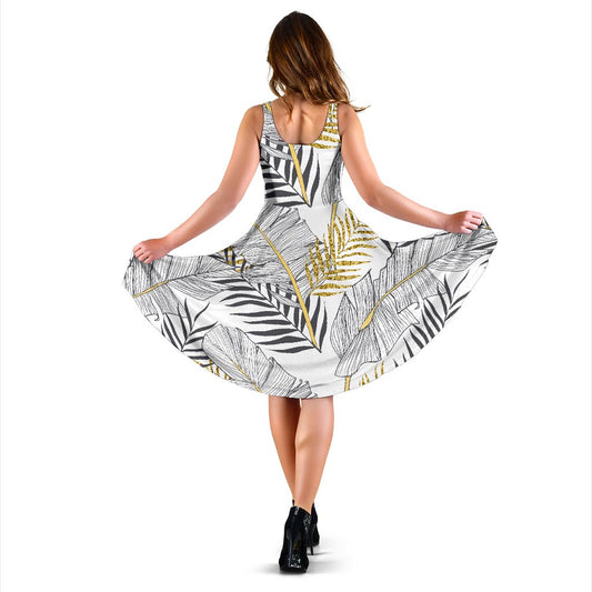 Gold Glitter Tropical Palm Leaves Sleeveless Mini Dress