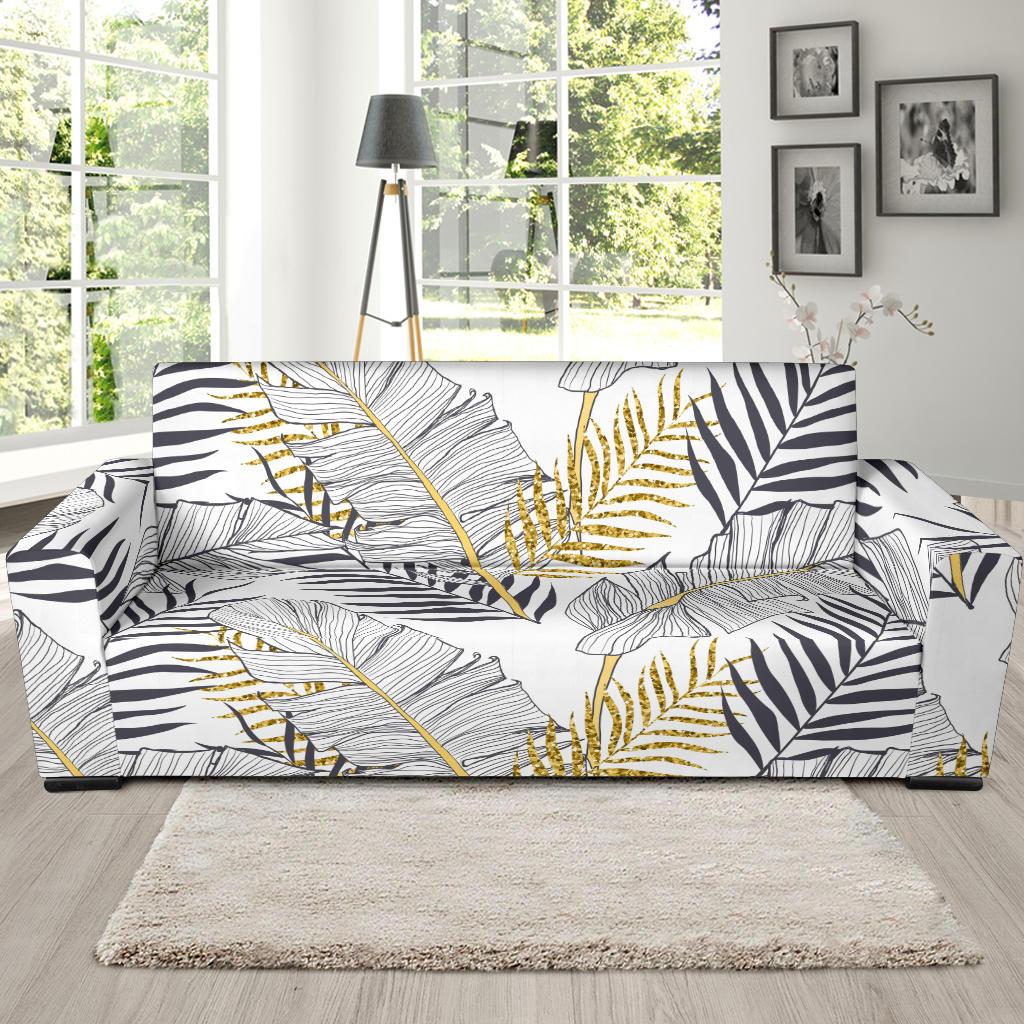 Gold Glitter Tropical Palm Leaves Sofa Slipcover-JORJUNE.COM