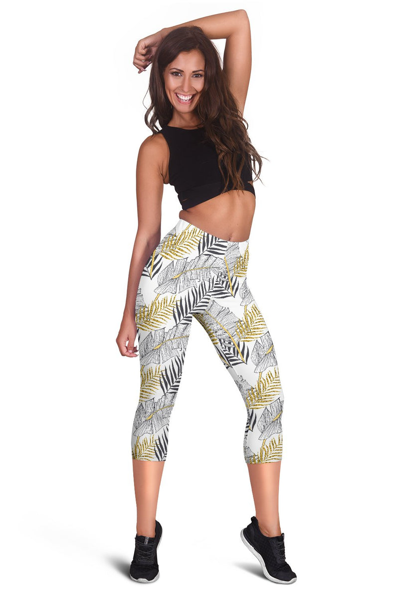 Gold Glitter Tropical Palm Leaves Women Capris