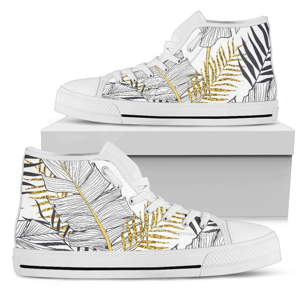 Gold Glitter Tropical Palm Leaves Women High Top Shoes