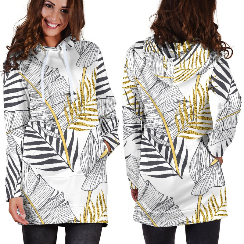 Gold Glitter Tropical Palm Leaves Women Hoodie Dress