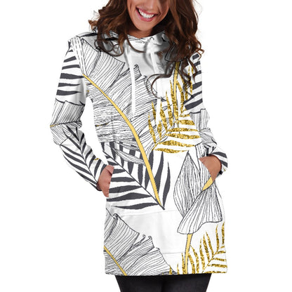 Gold Glitter Tropical Palm Leaves Women Hoodie Dress