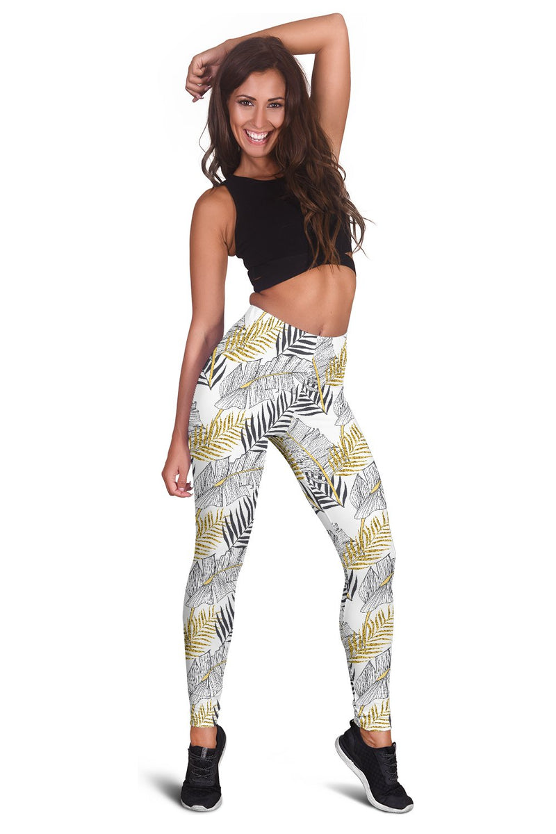 Gold Glitter Tropical Palm Leaves Women Leggings