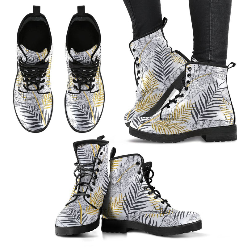 Gold Glitter Tropical Palm Leaves Women & Men Leather Boots