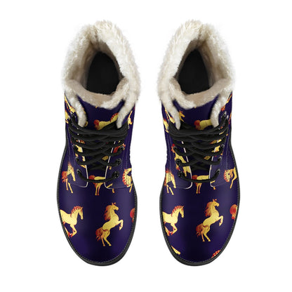 Gold Horse Pattern Faux Fur Leather Boots