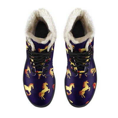 Gold Horse Pattern Faux Fur Leather Boots