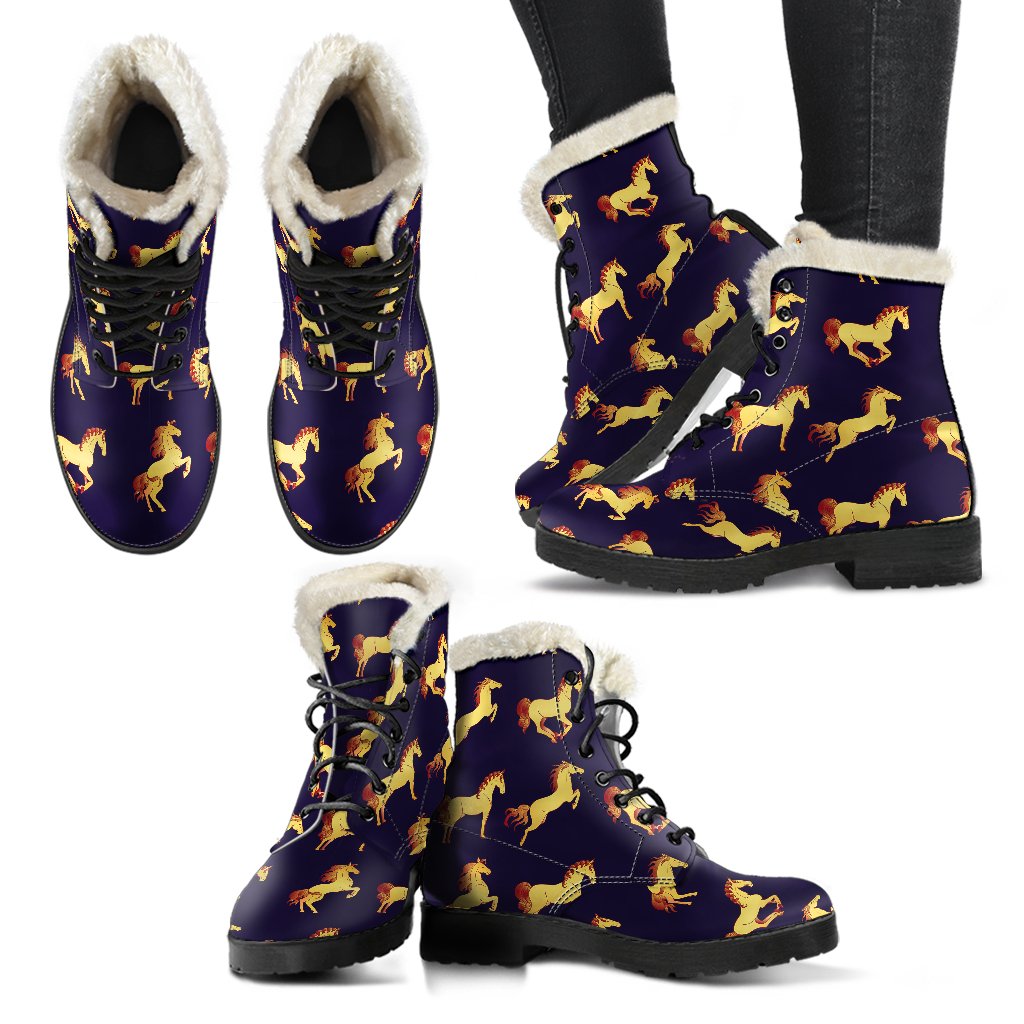 Gold Horse Pattern Faux Fur Leather Boots