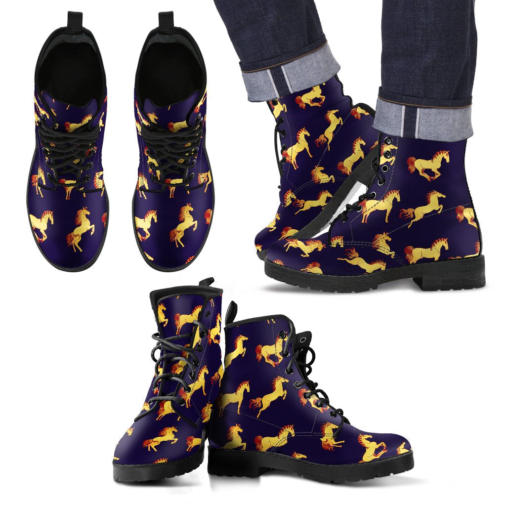 Gold Horse Pattern Men Leather Boots