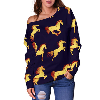 Gold Horse Pattern Off Shoulder Sweatshirt