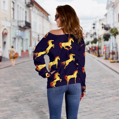 Gold Horse Pattern Off Shoulder Sweatshirt