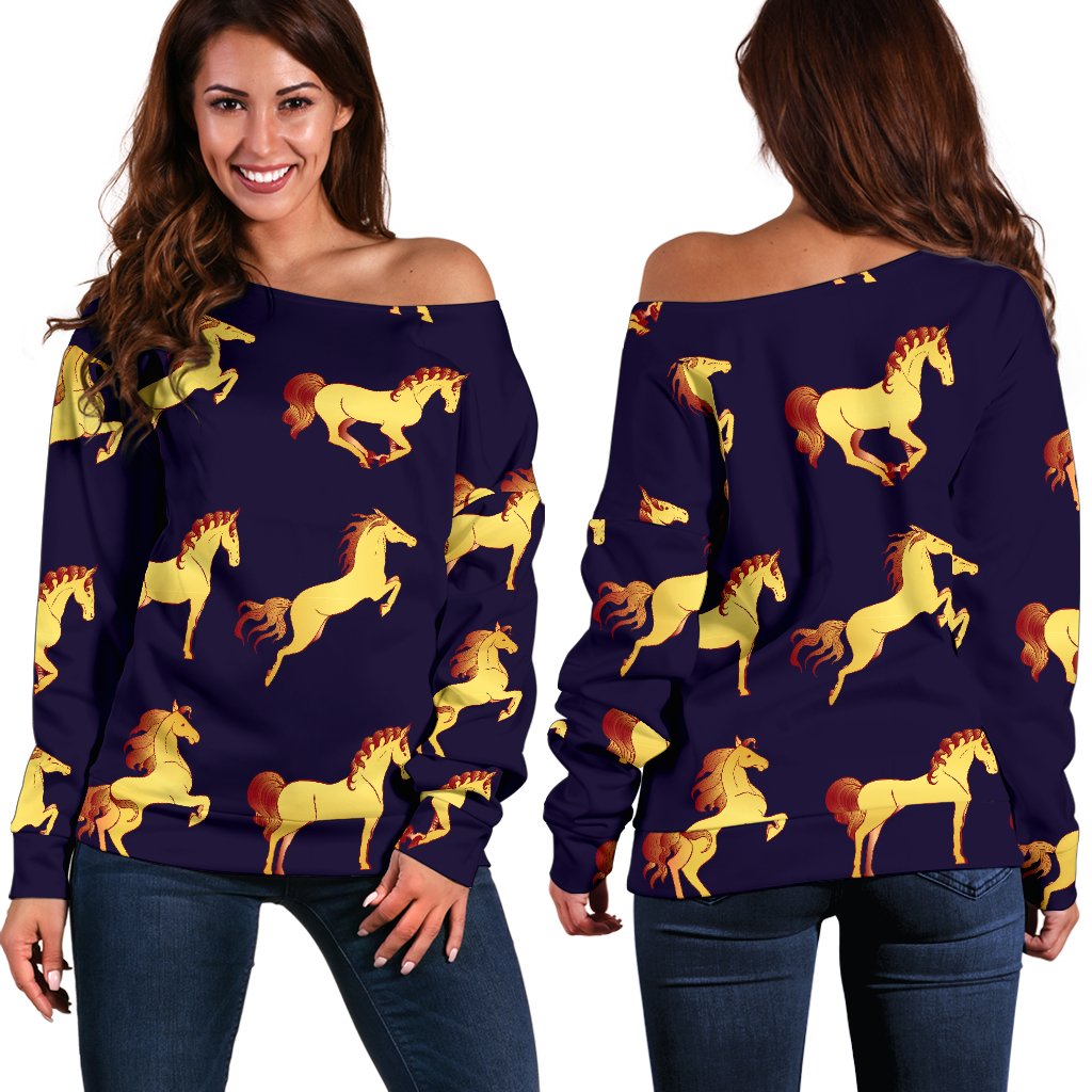 Gold Horse Pattern Off Shoulder Sweatshirt