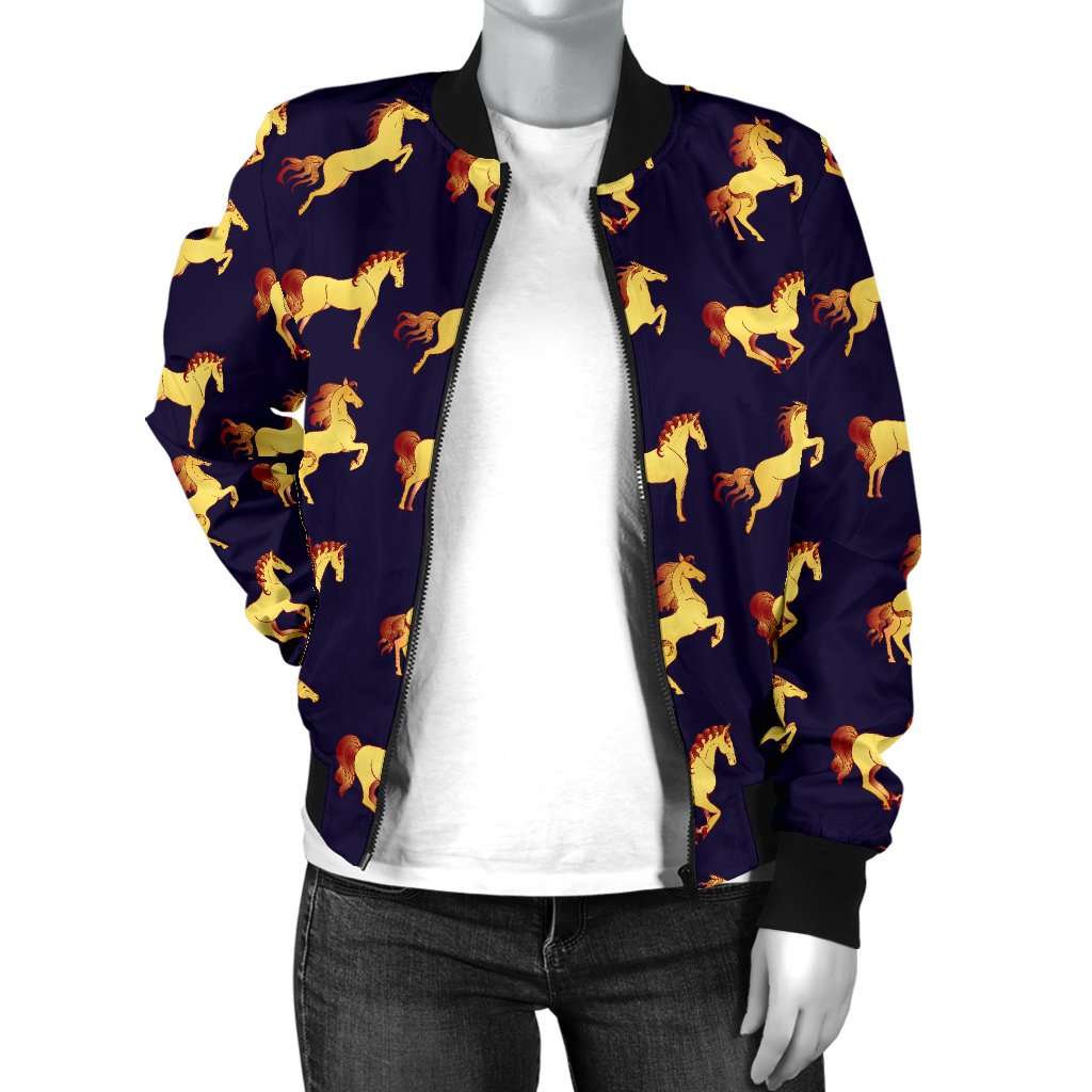 Gold Horse Pattern Women Casual Bomber Jacket