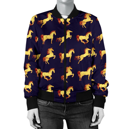 Gold Horse Pattern Women Casual Bomber Jacket