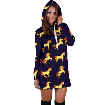 Gold Horse Pattern Women Hoodie Dress