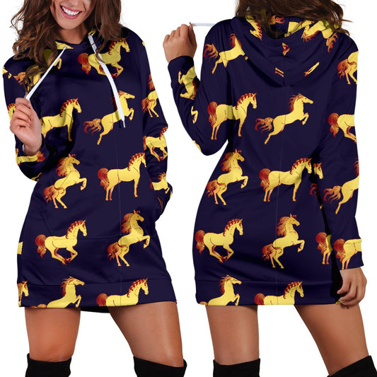 Gold Horse Pattern Women Hoodie Dress