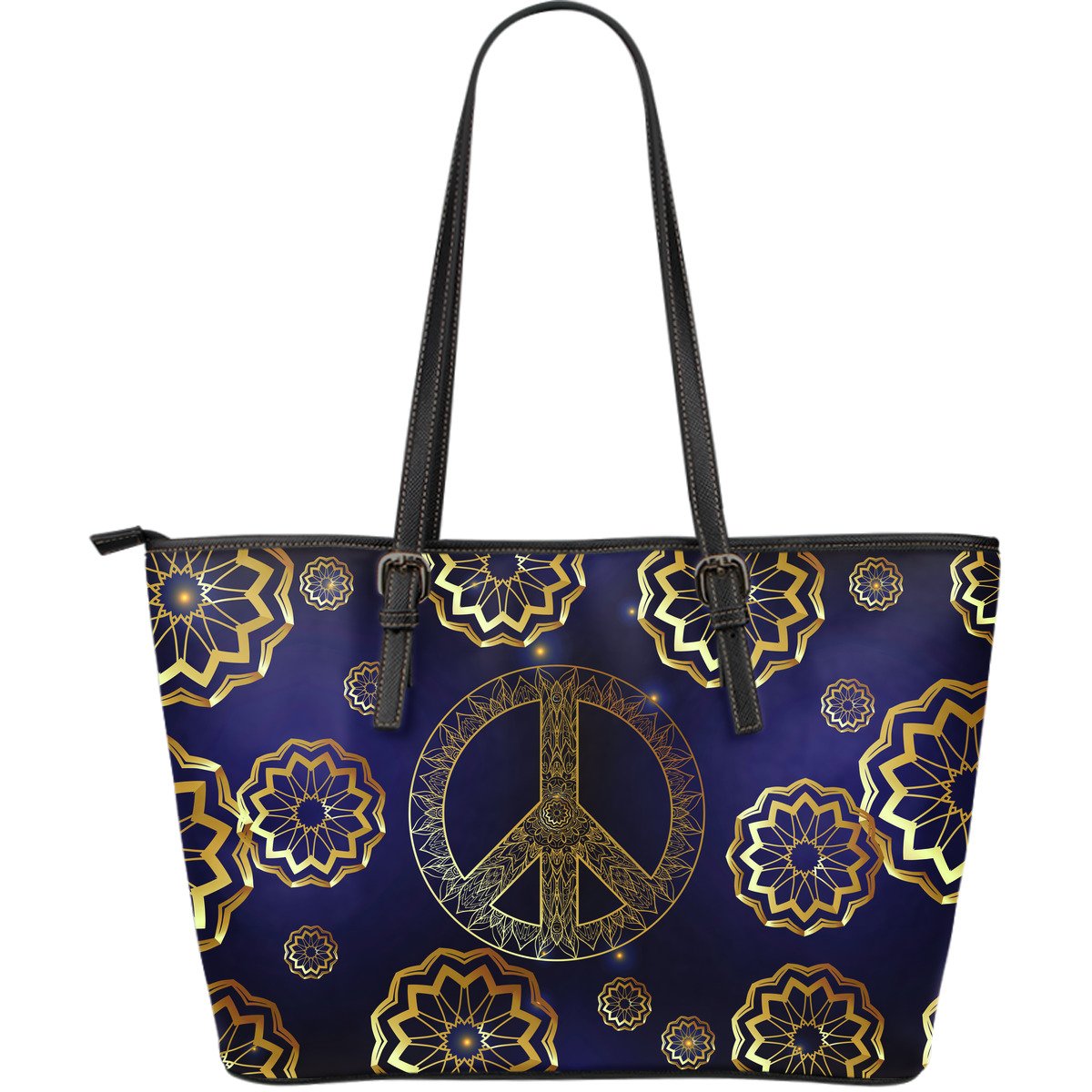 Gold Mandala Peace Large Leather Tote Bag