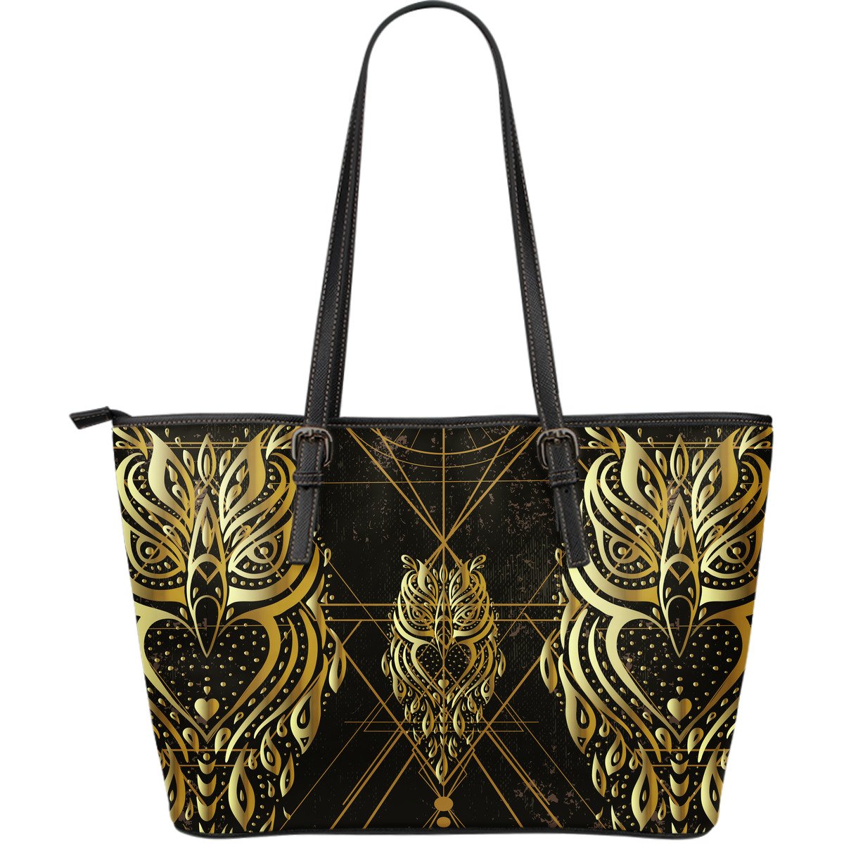 Gold Ornamental Owl Large Leather Tote Bag