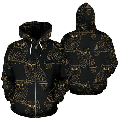 Gold Owl Pattern All Over Zip Up Hoodie