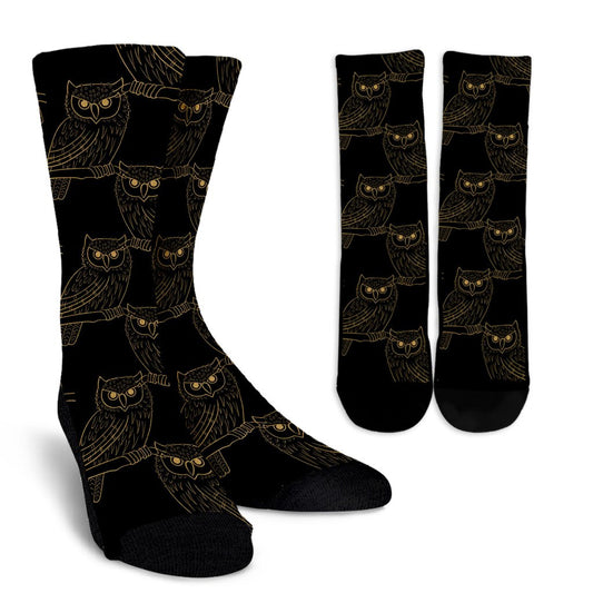 Gold Owl Pattern Crew Socks