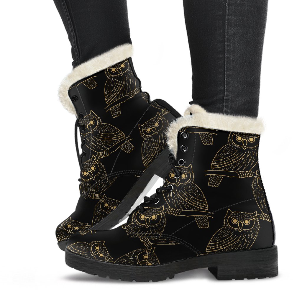 Gold Owl Pattern Faux Fur Leather Boots