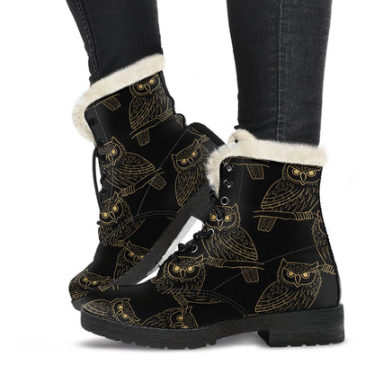 Gold Owl Pattern Faux Fur Leather Boots