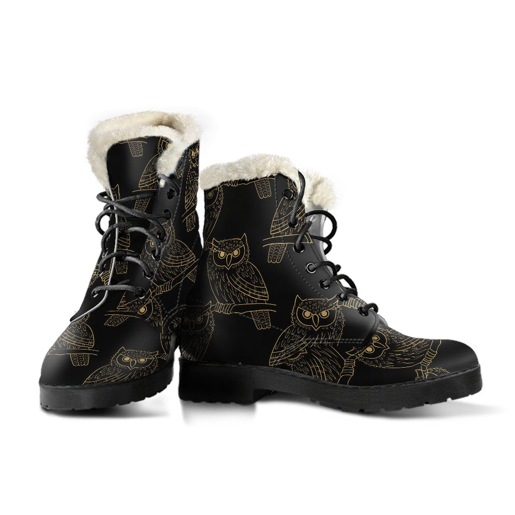 Gold Owl Pattern Faux Fur Leather Boots