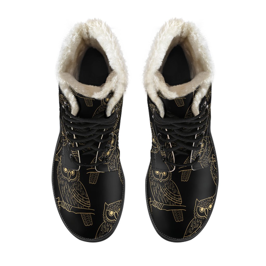 Gold Owl Pattern Faux Fur Leather Boots