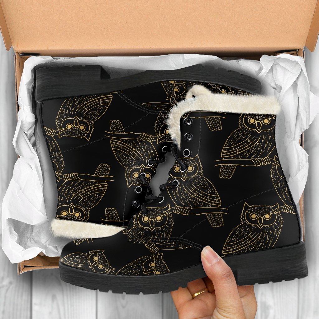 Gold Owl Pattern Faux Fur Leather Boots