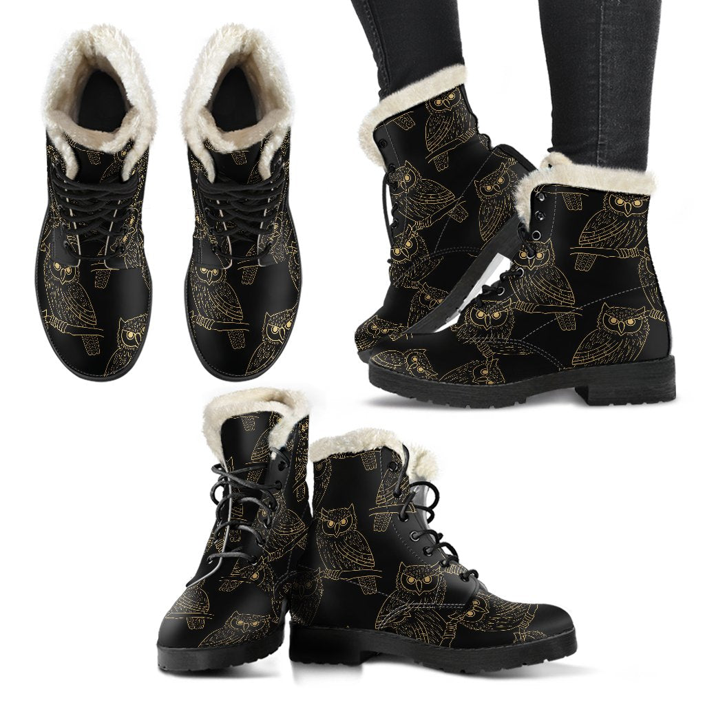 Gold Owl Pattern Faux Fur Leather Boots