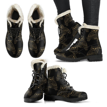Gold Owl Pattern Faux Fur Leather Boots