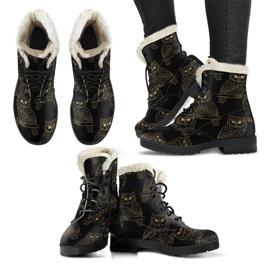 Gold Owl Pattern Faux Fur Leather Boots