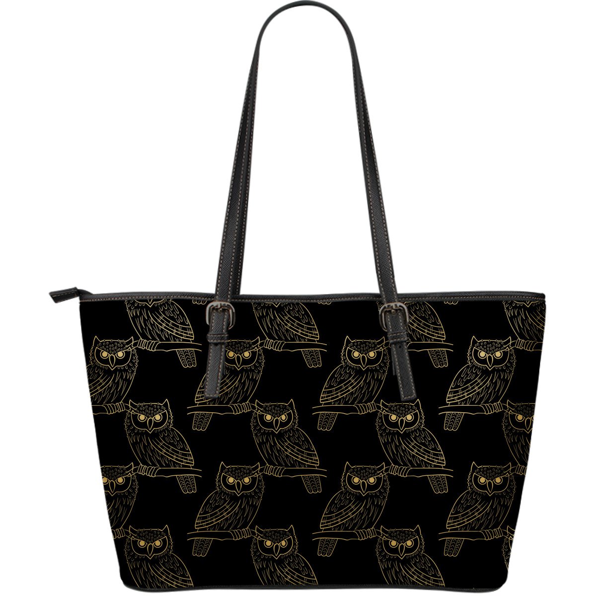 Gold Owl Pattern Large Leather Tote Bag