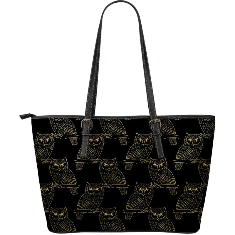 Gold Owl Pattern Large Leather Tote Bag