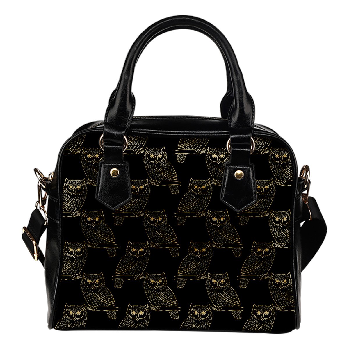 Gold Owl Pattern Leather Shoulder Handbag