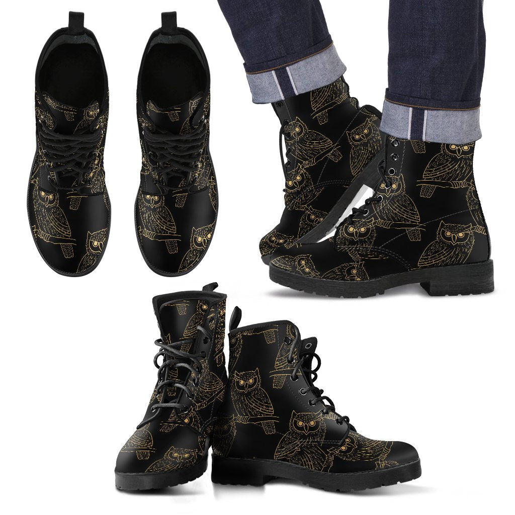 Gold Owl Pattern Men Leather Boots