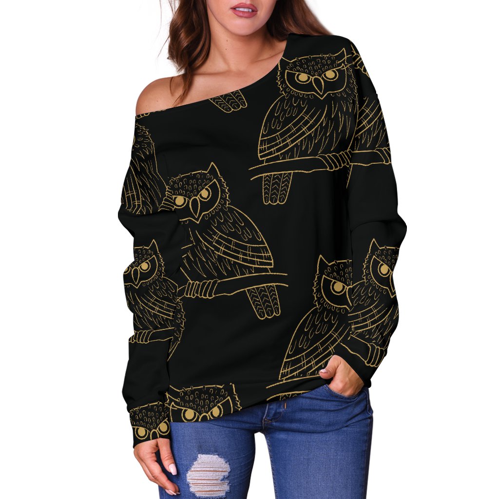 Gold Owl Pattern Off Shoulder Sweatshirt