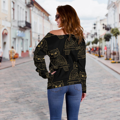 Gold Owl Pattern Off Shoulder Sweatshirt