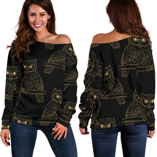 Gold Owl Pattern Off Shoulder Sweatshirt
