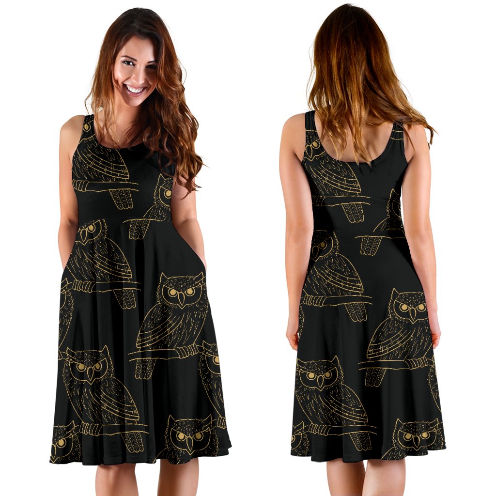 Gold Owl Pattern Sleeveless Mini Dress