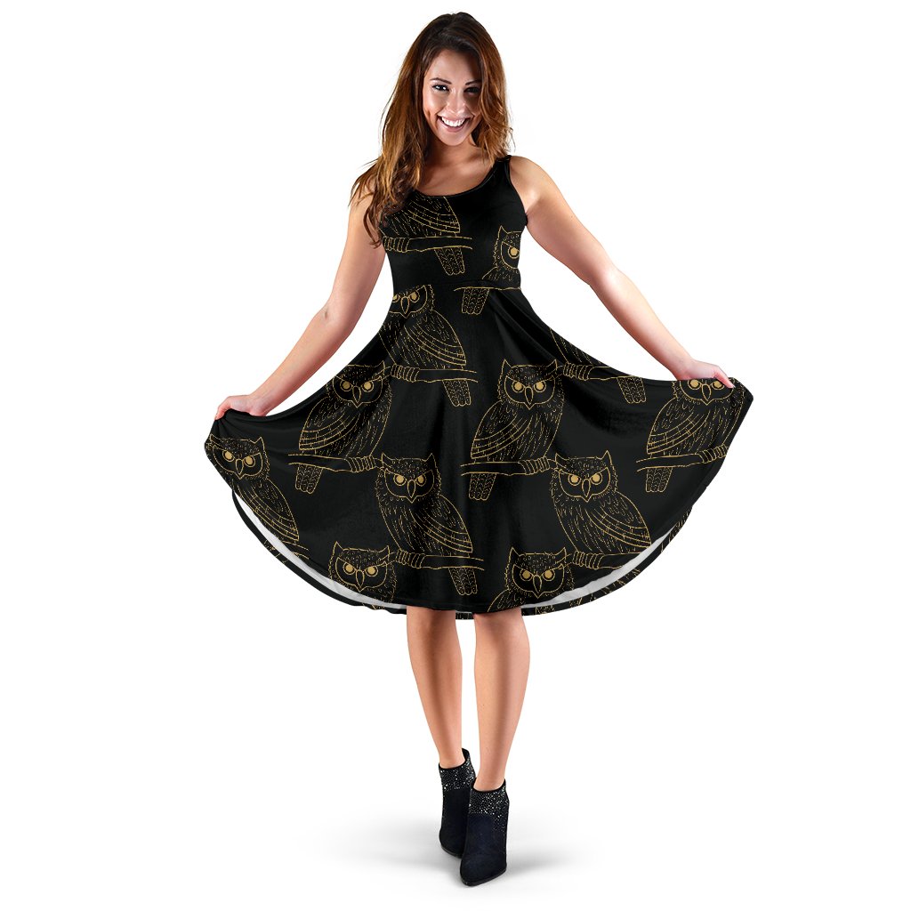 Gold Owl Pattern Sleeveless Mini Dress