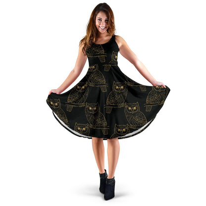 Gold Owl Pattern Sleeveless Mini Dress
