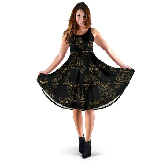 Gold Owl Pattern Sleeveless Mini Dress