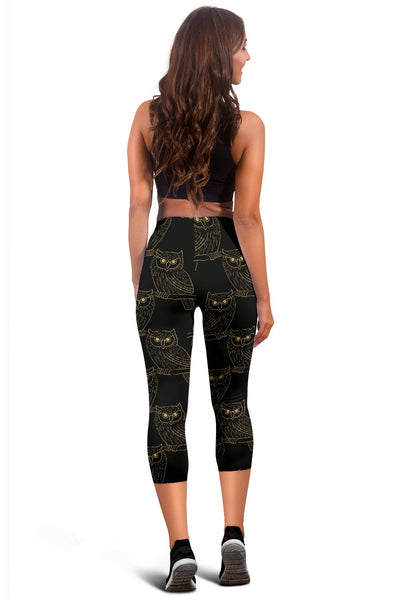 Gold Owl Pattern Women Capris