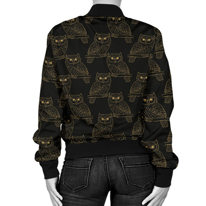 Gold Owl Pattern Women Casual Bomber Jacket