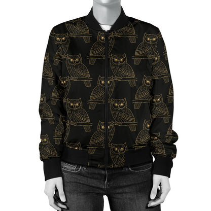 Gold Owl Pattern Women Casual Bomber Jacket