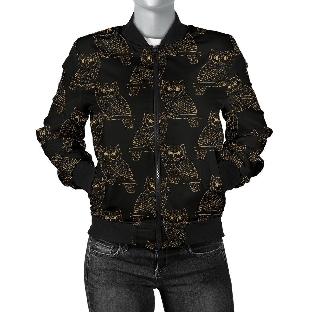 Gold Owl Pattern Women Casual Bomber Jacket