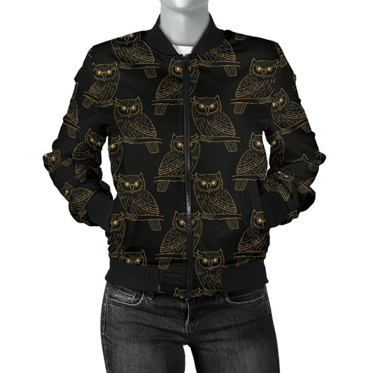Gold Owl Pattern Women Casual Bomber Jacket