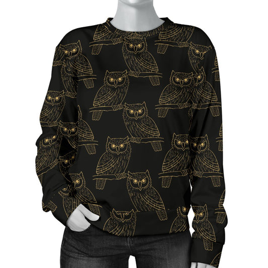 Gold Owl Pattern Women Crewneck Sweatshirt
