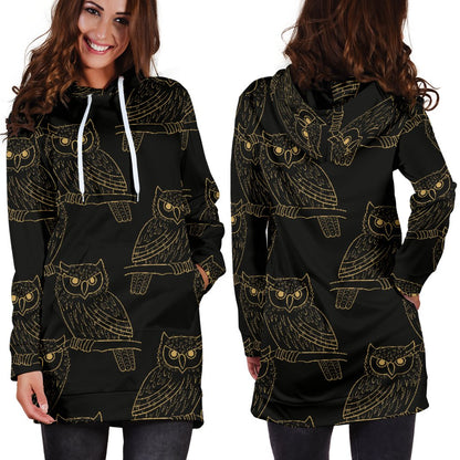 Gold Owl Pattern Women Hoodie Dress