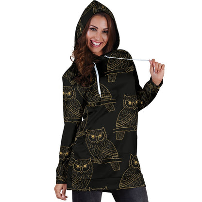 Gold Owl Pattern Women Hoodie Dress